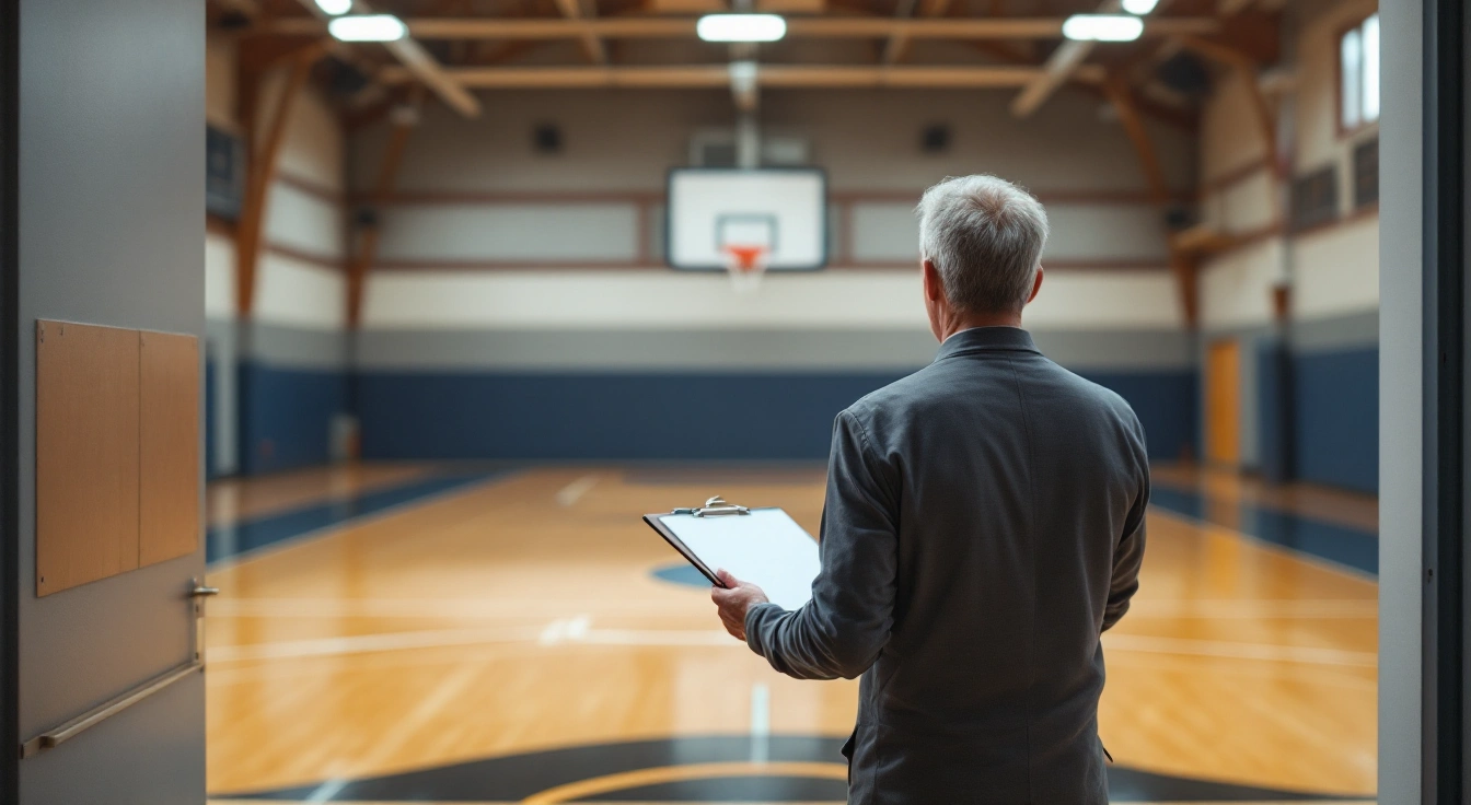 Adult holding a clipboard while looking across an empty basketball court