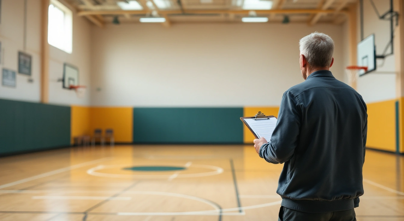 Adult holding a clipboard while looking across an empty basketball court