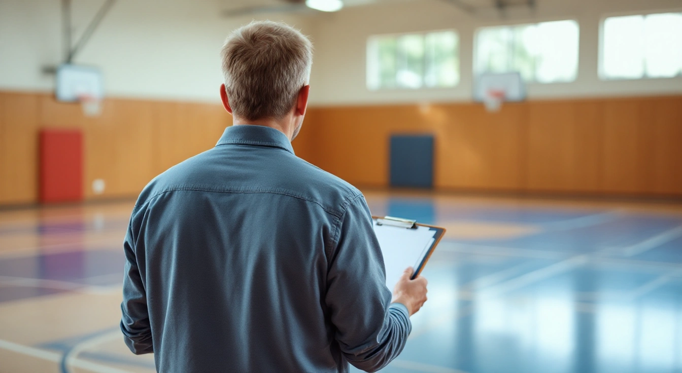 Adult holding a clipboard while looking across an empty basketball court