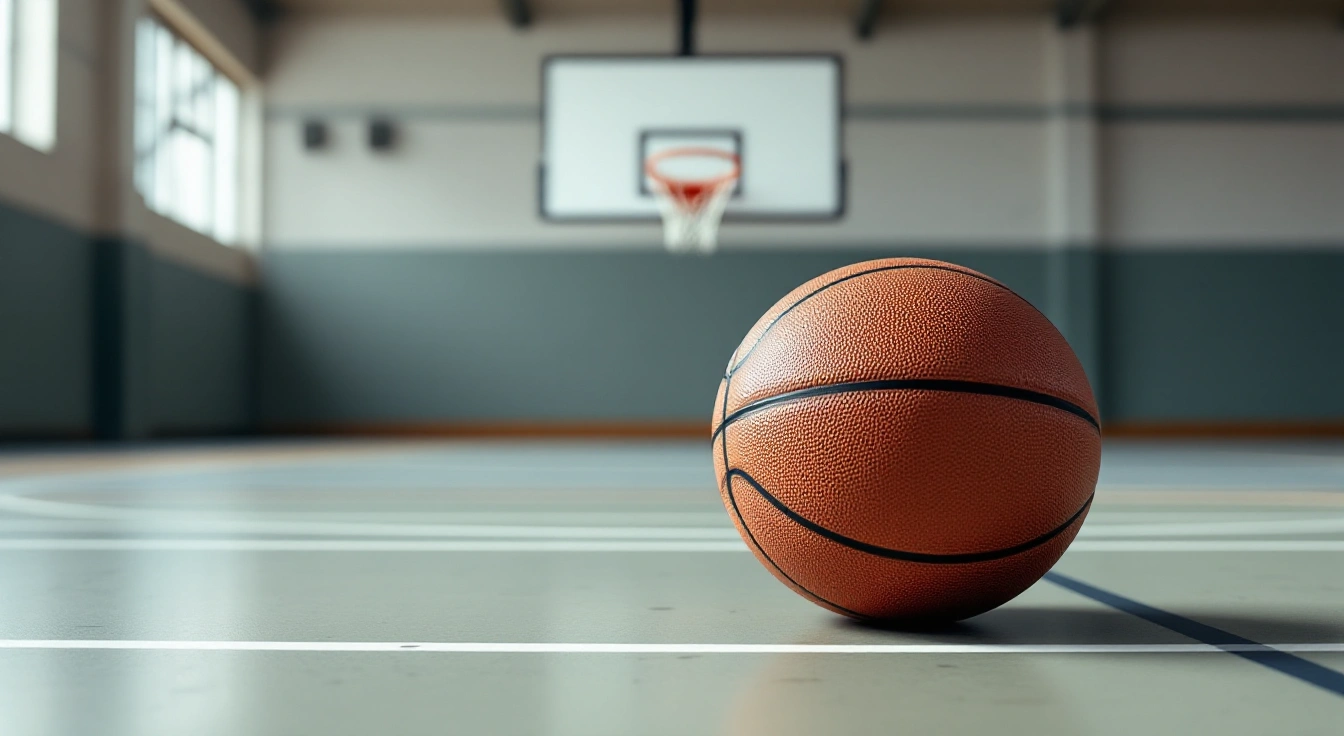 Basketball resting on an empty indoor practice court