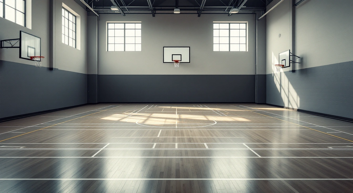 Empty school gym with several painted court lines