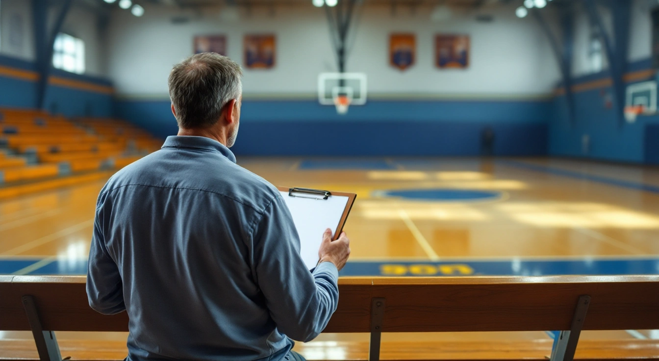 Adult holding a clipboard while looking across an empty basketball court