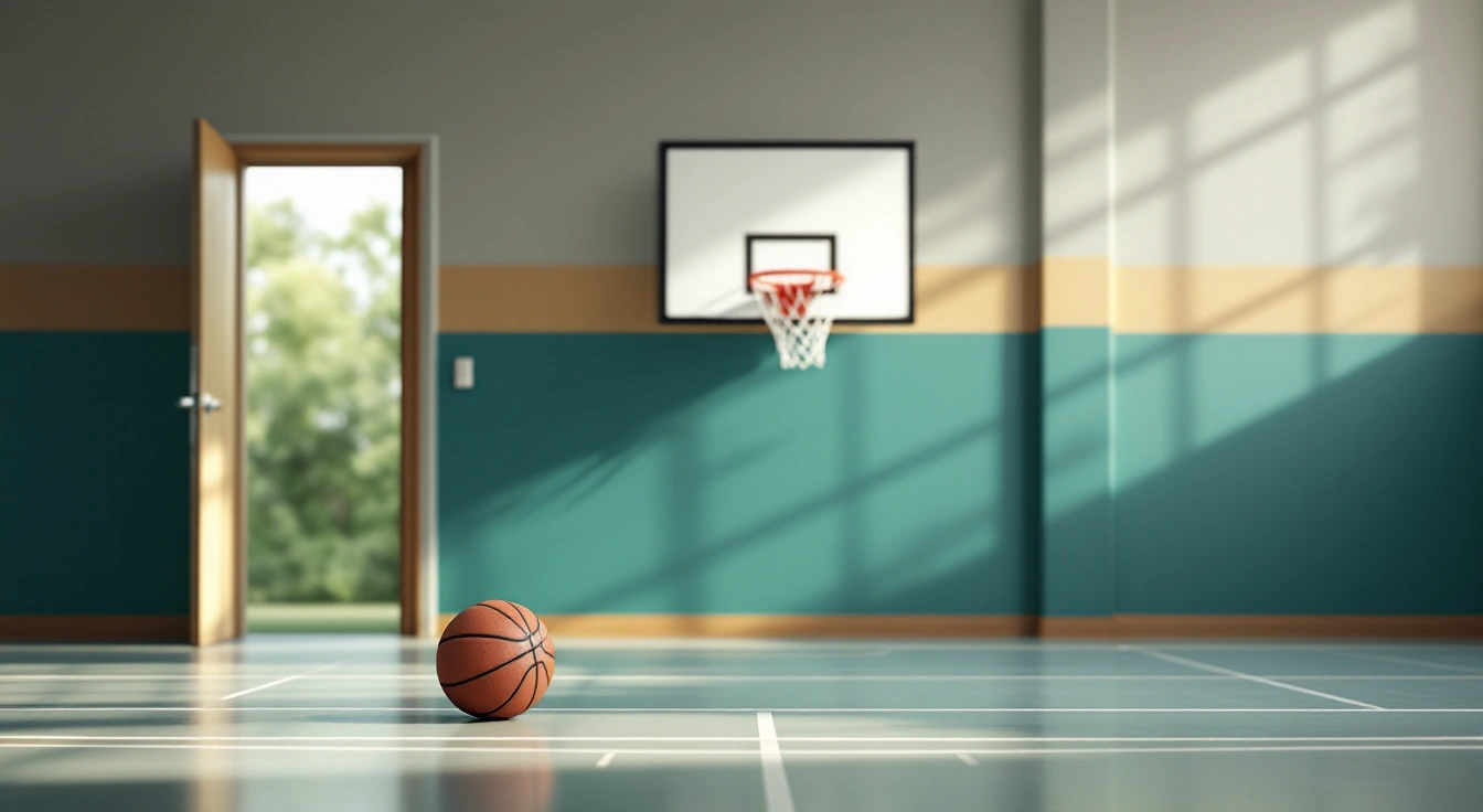 Basketball resting on an empty indoor practice court