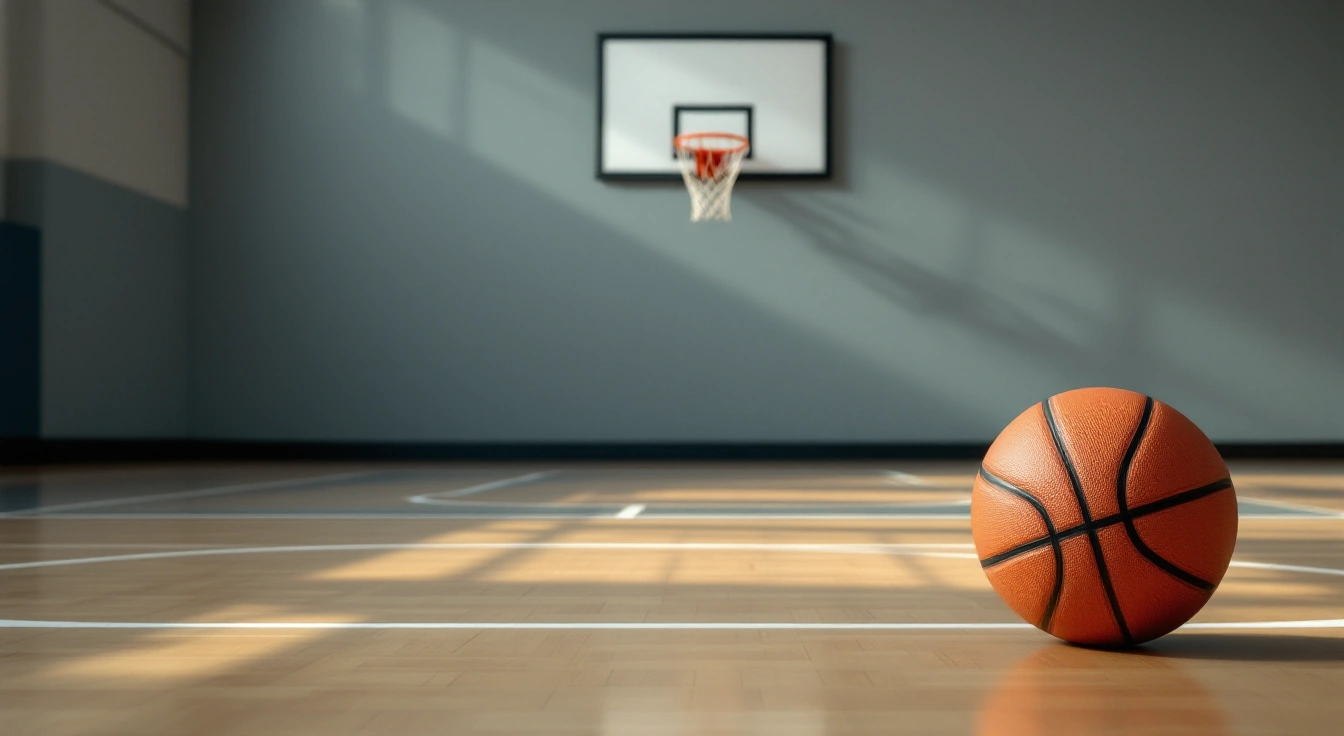 Basketball resting on an empty indoor practice court