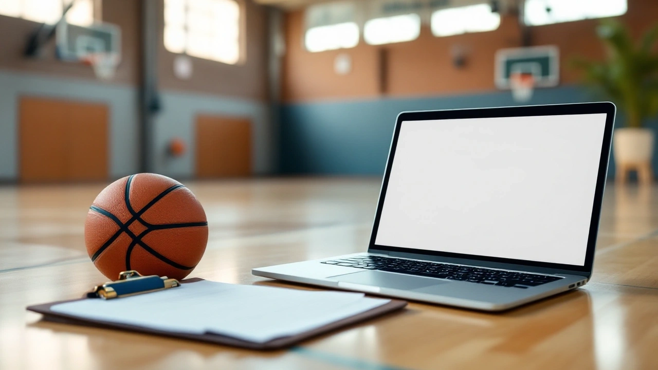 Blank laptop screen and clipboard beside a basketball