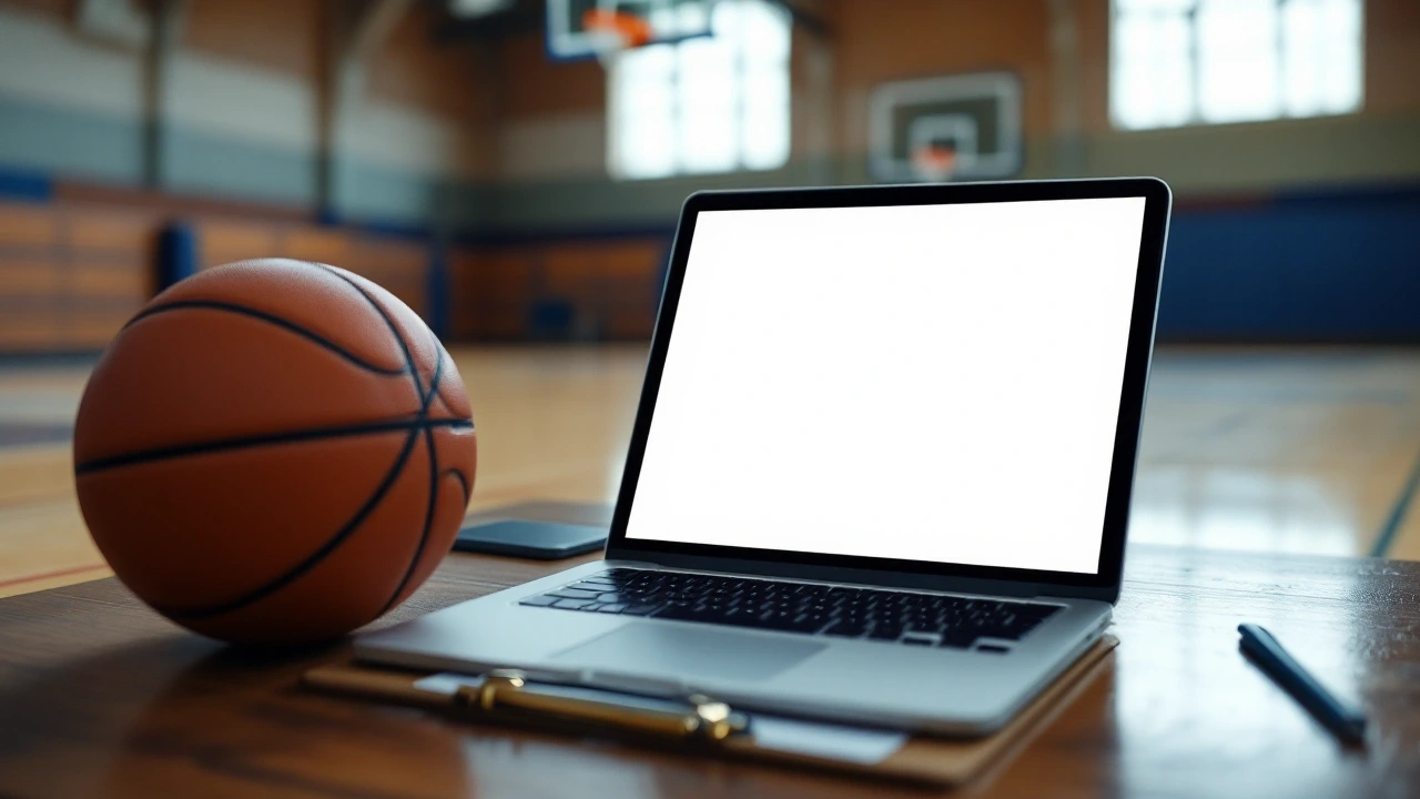 Laptop with a blank screen beside a basketball and coaching notes
