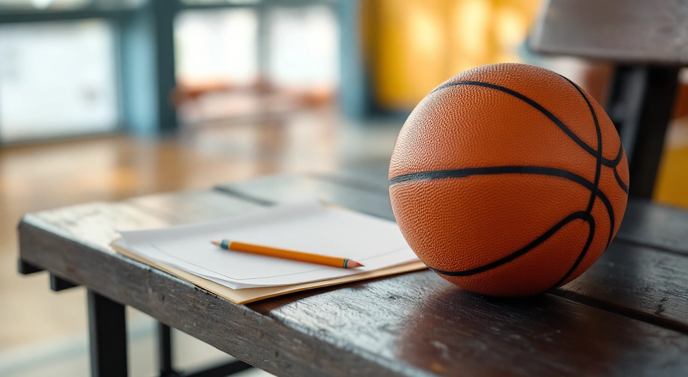Basketball, blank practice sheet and pencil on a gym bench