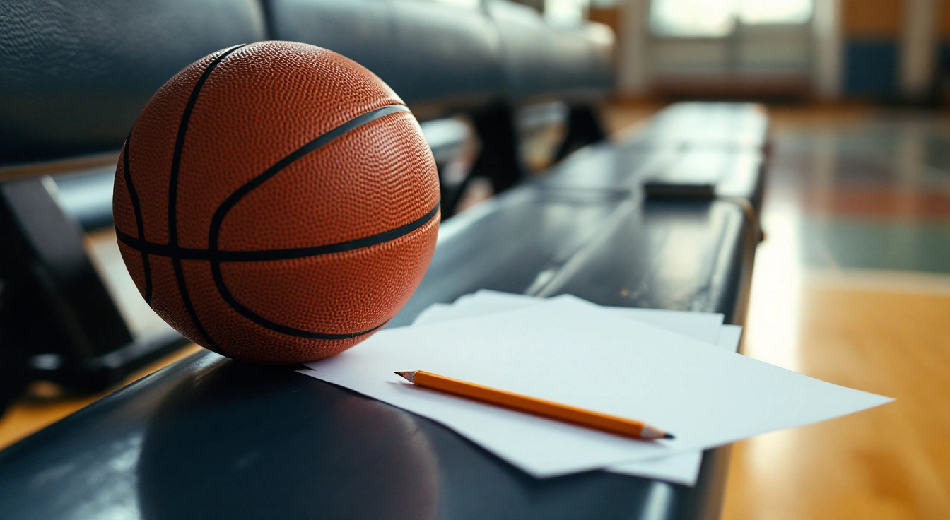 Basketball, blank practice sheet and pencil on a gym bench