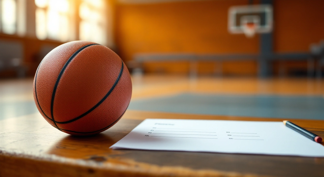 Basketball, blank practice sheet and pencil on a gym bench