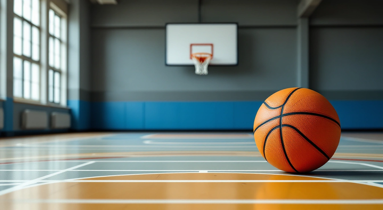 Basketball resting on an empty indoor practice court