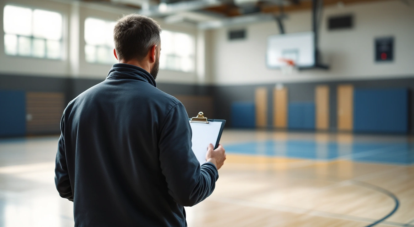 Adult holding a clipboard while looking across an empty basketball court