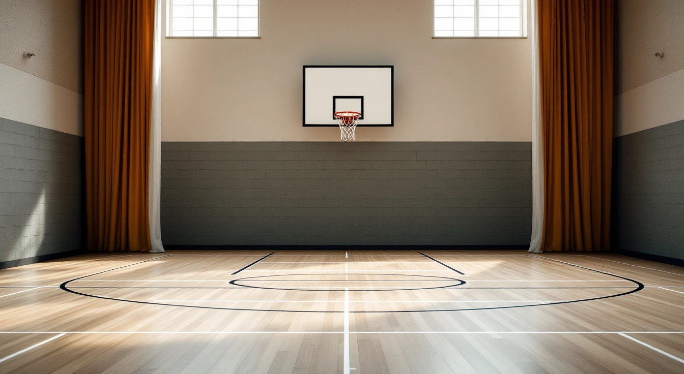 Empty basketball court with a wall-mounted basket