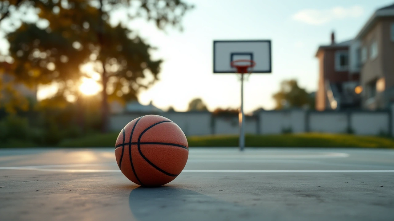 Basketball on a quiet outdoor court with a fixed hoop in the distance