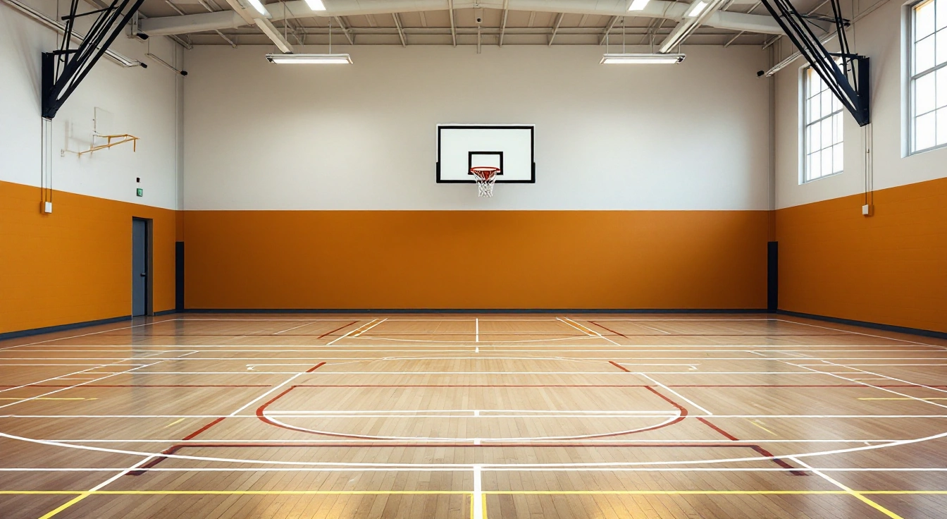 School gym basket above a marked court