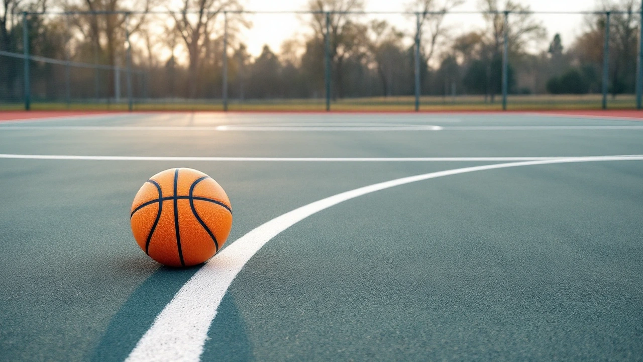 Plain basketball on an empty outdoor court beside a painted line