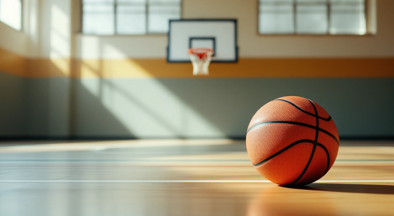 Basketball resting on an empty indoor practice court