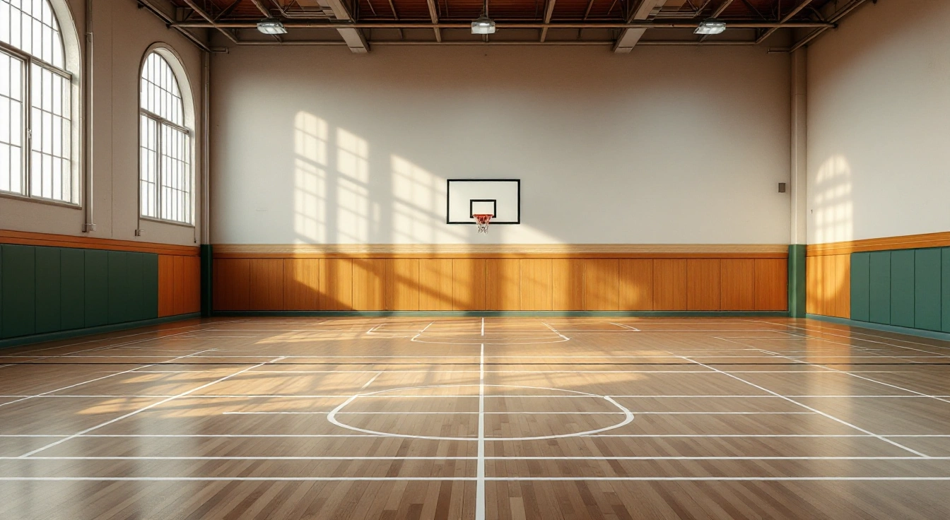 Empty gym floor and basket seen from a sideline