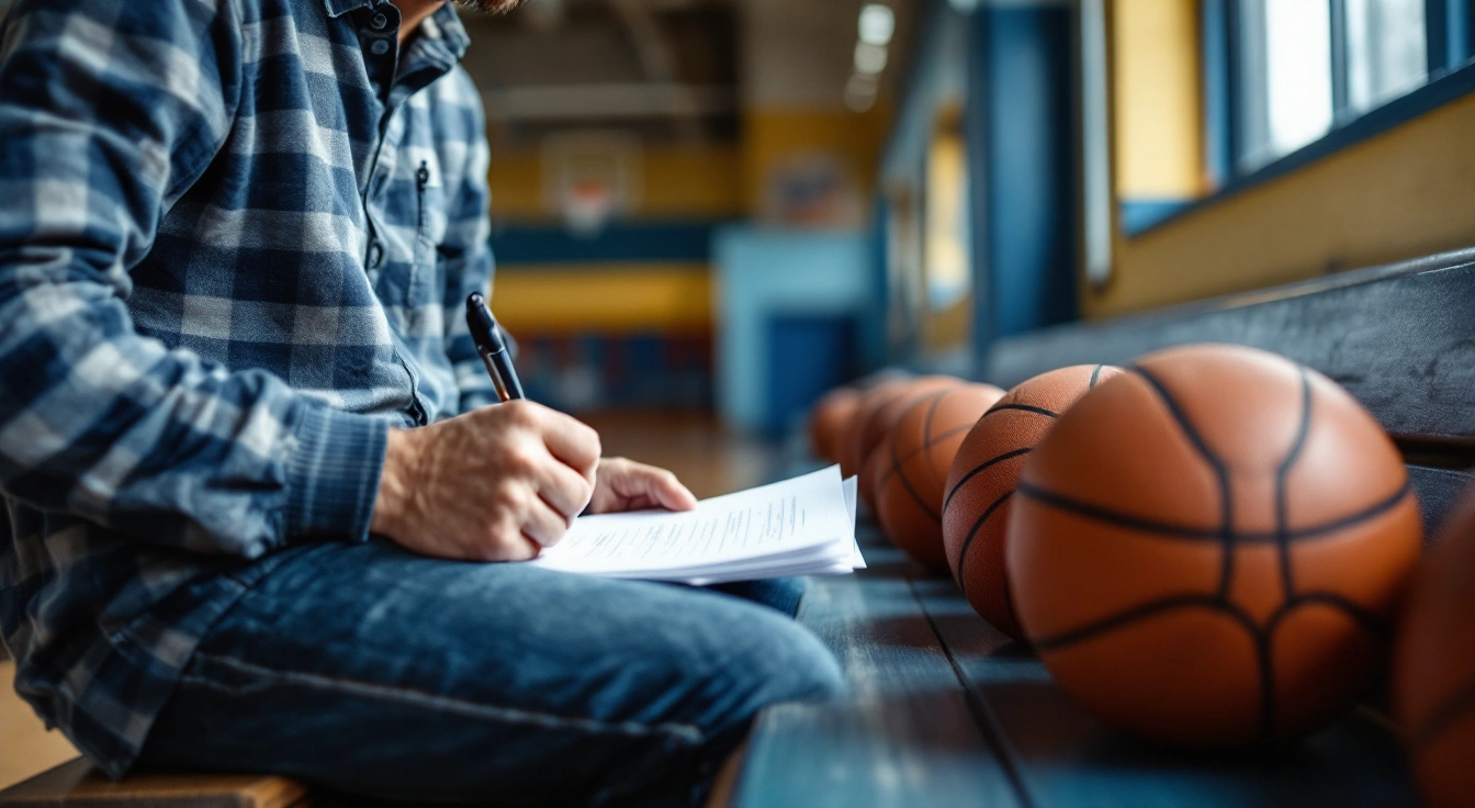 Adult writing practice notes beside a basketball on a gym bench