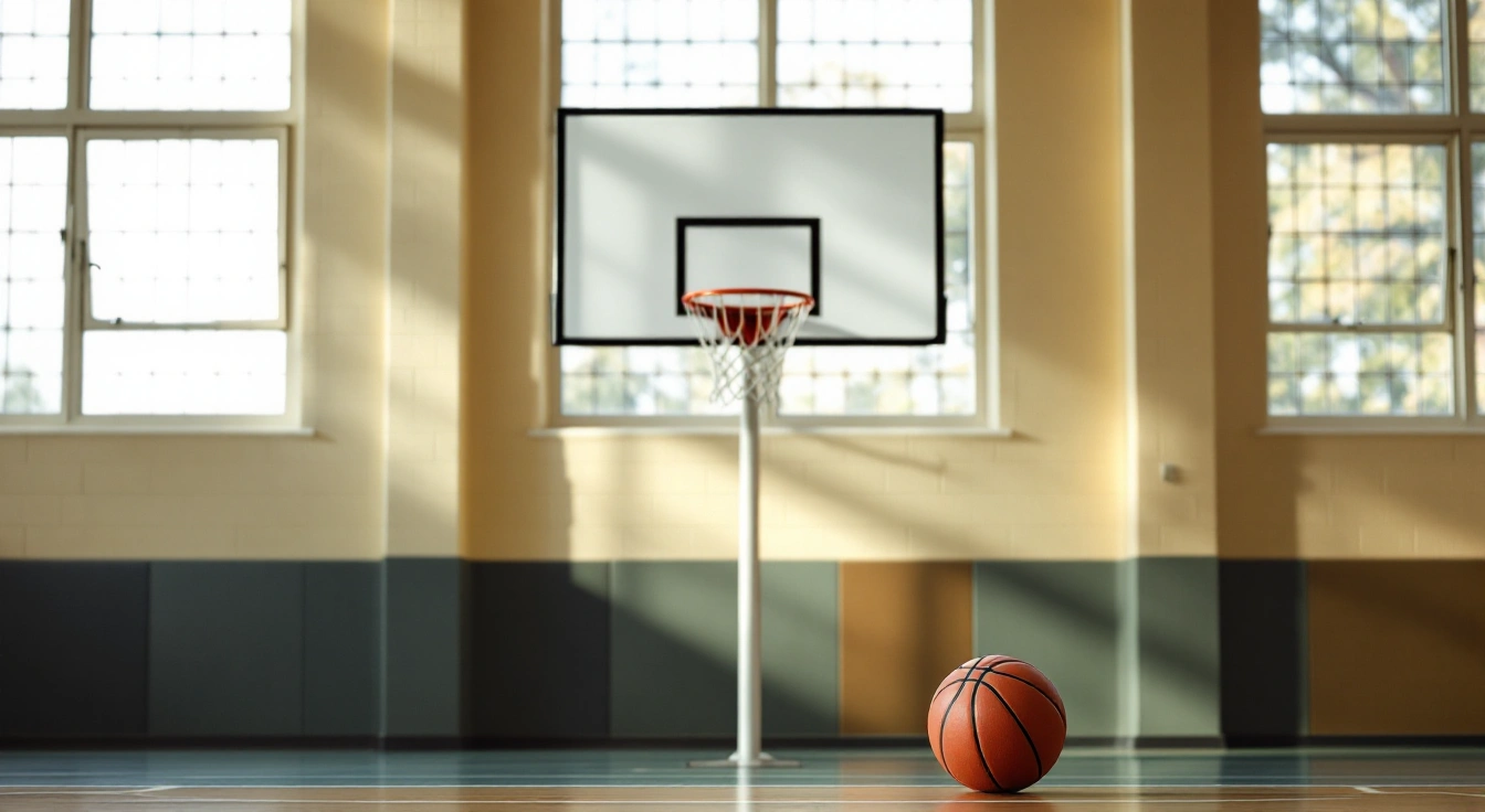 Basketball resting on an empty indoor practice court