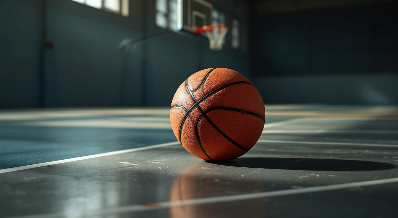 Basketball resting on an empty indoor practice court