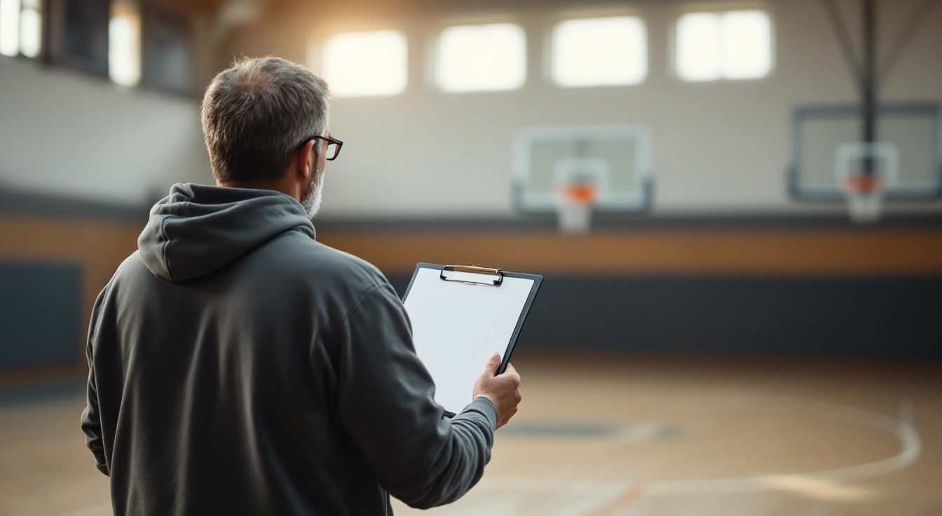 Adult holding a clipboard while looking across an empty basketball court