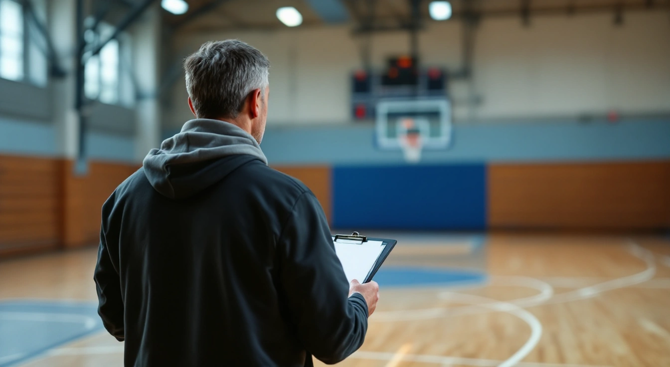 Adult holding a clipboard while looking across an empty basketball court