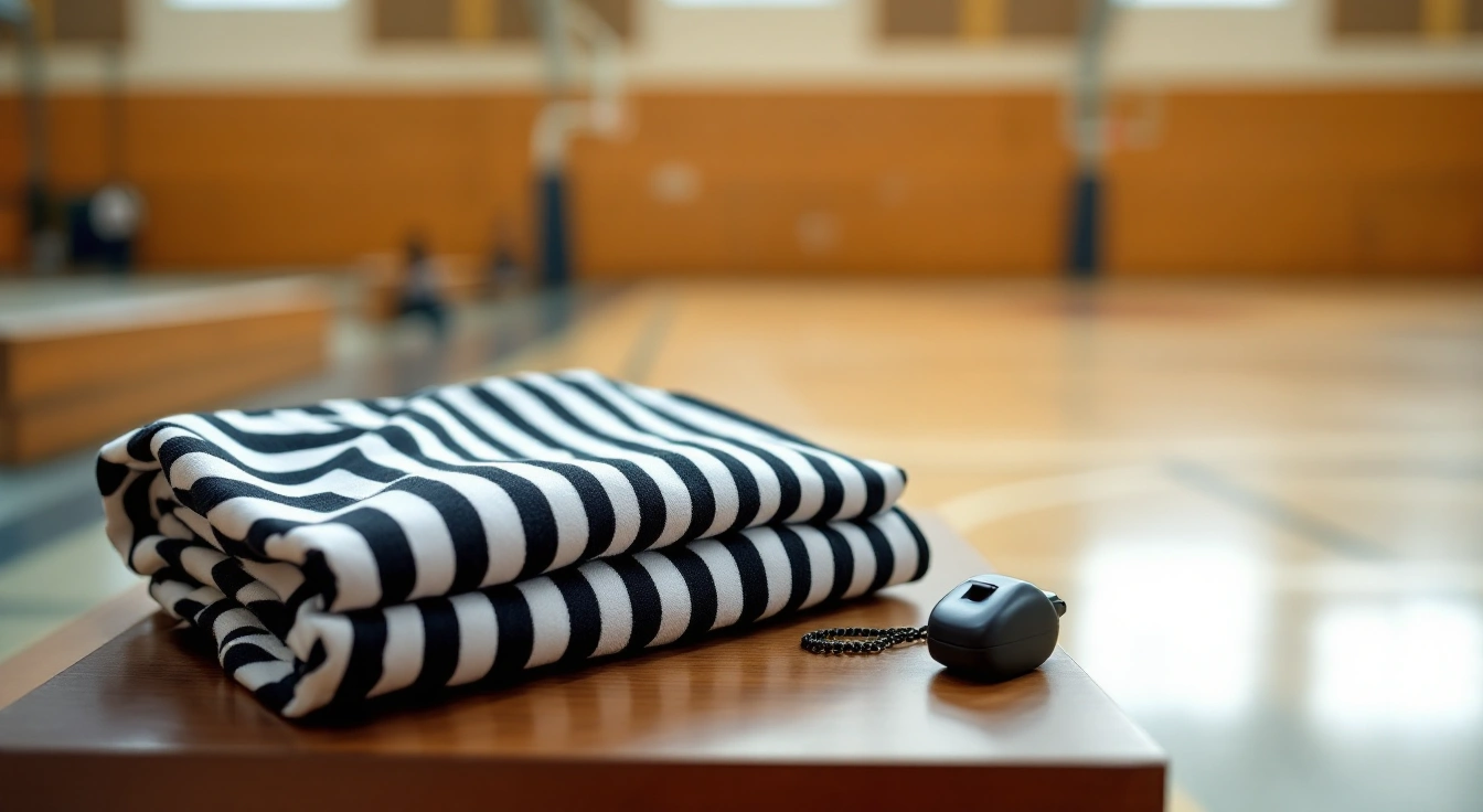 Folded striped referee shirt and whistle on a gym bench
