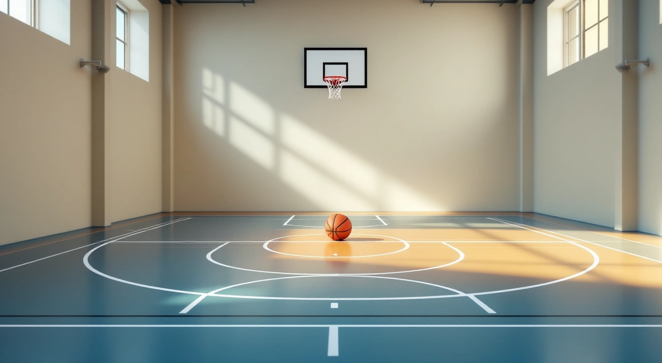 Basketball resting on an empty indoor practice court