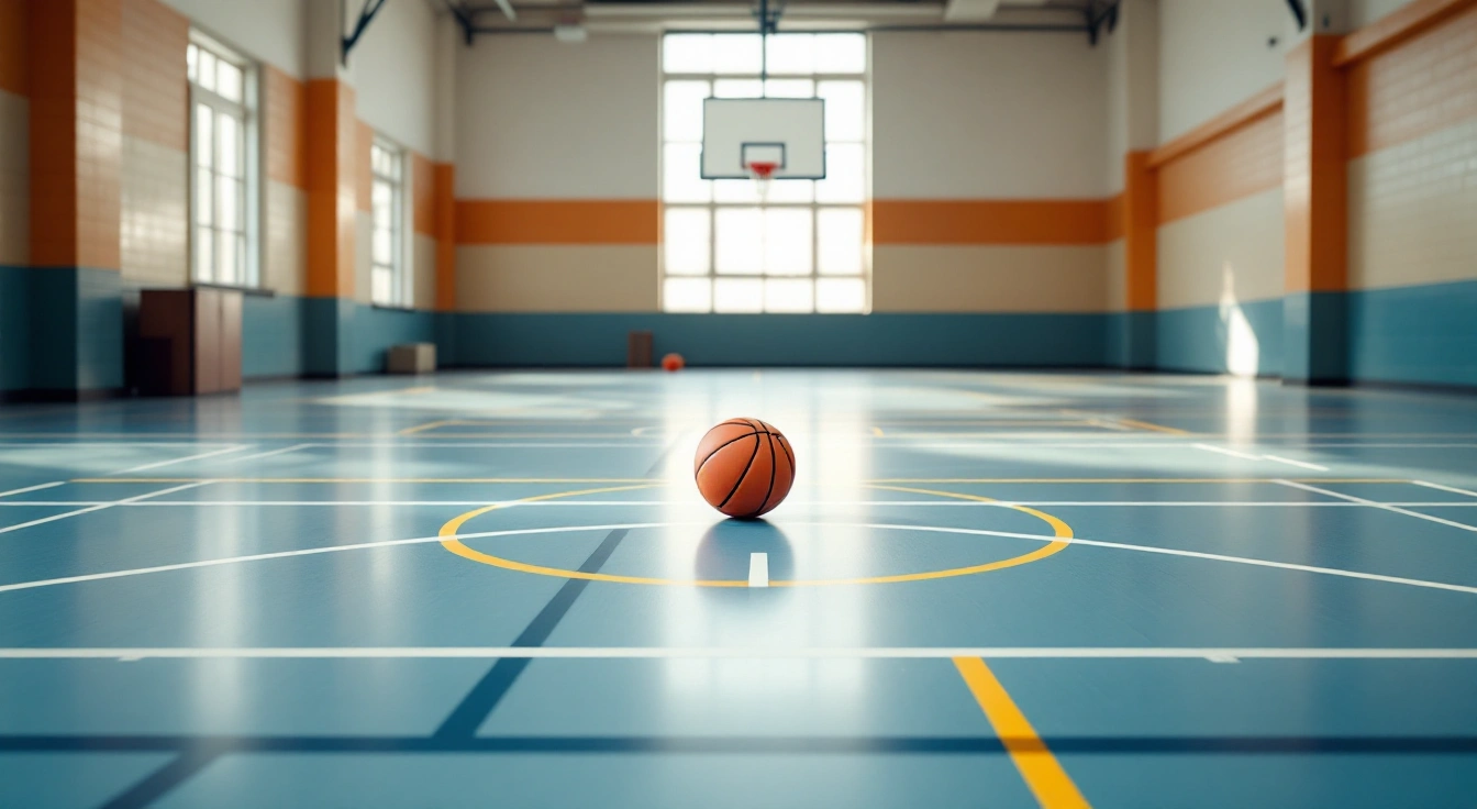 Basketball resting on an empty indoor practice court