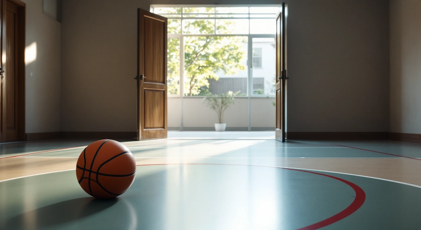 Basketball resting on an empty indoor practice court