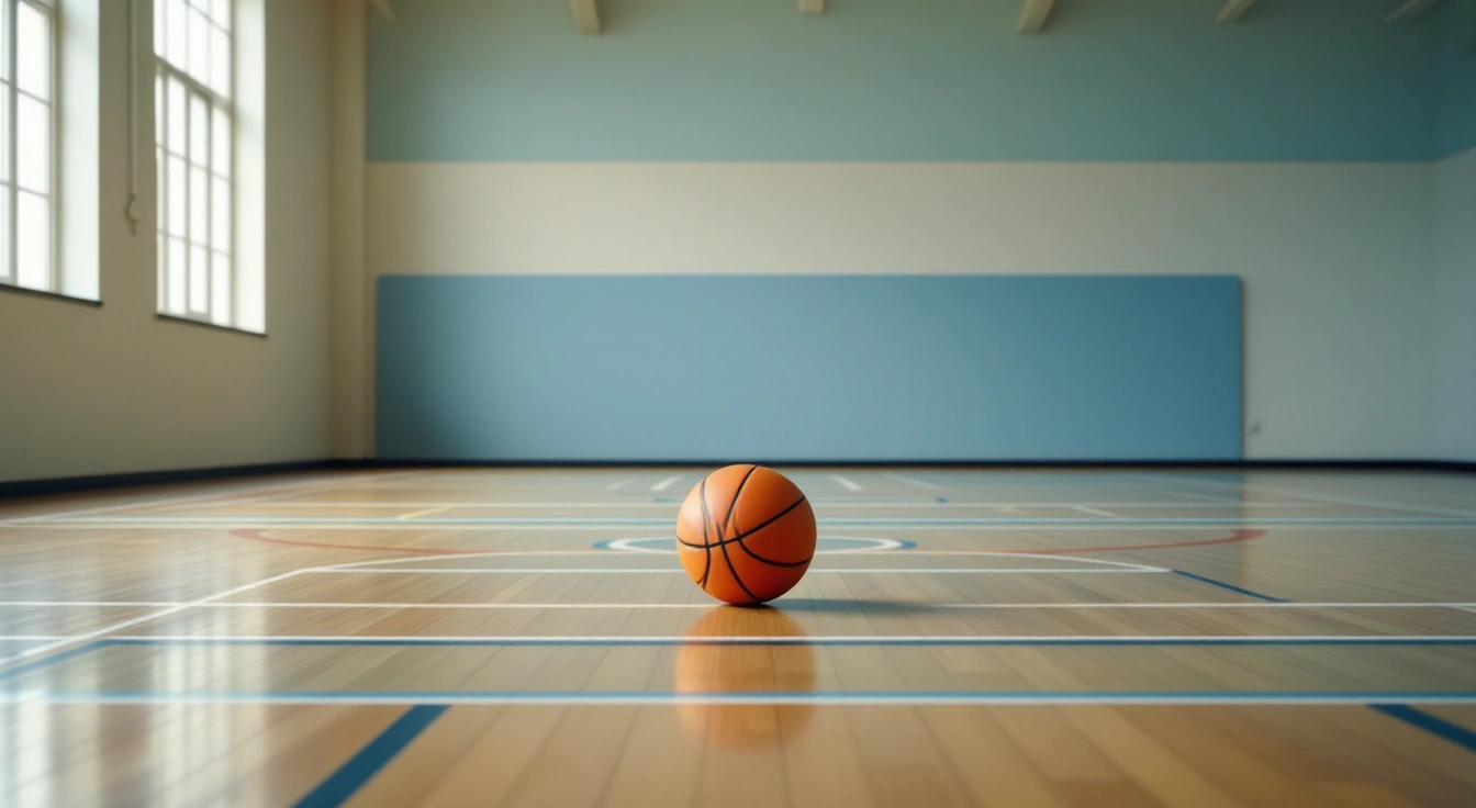 Basketball resting on an empty indoor practice court