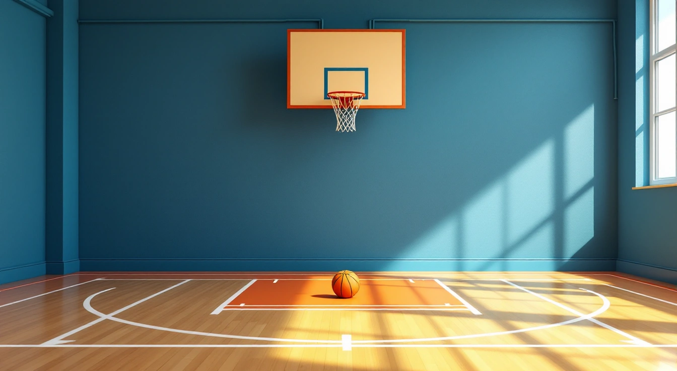 Basketball resting on an empty indoor practice court