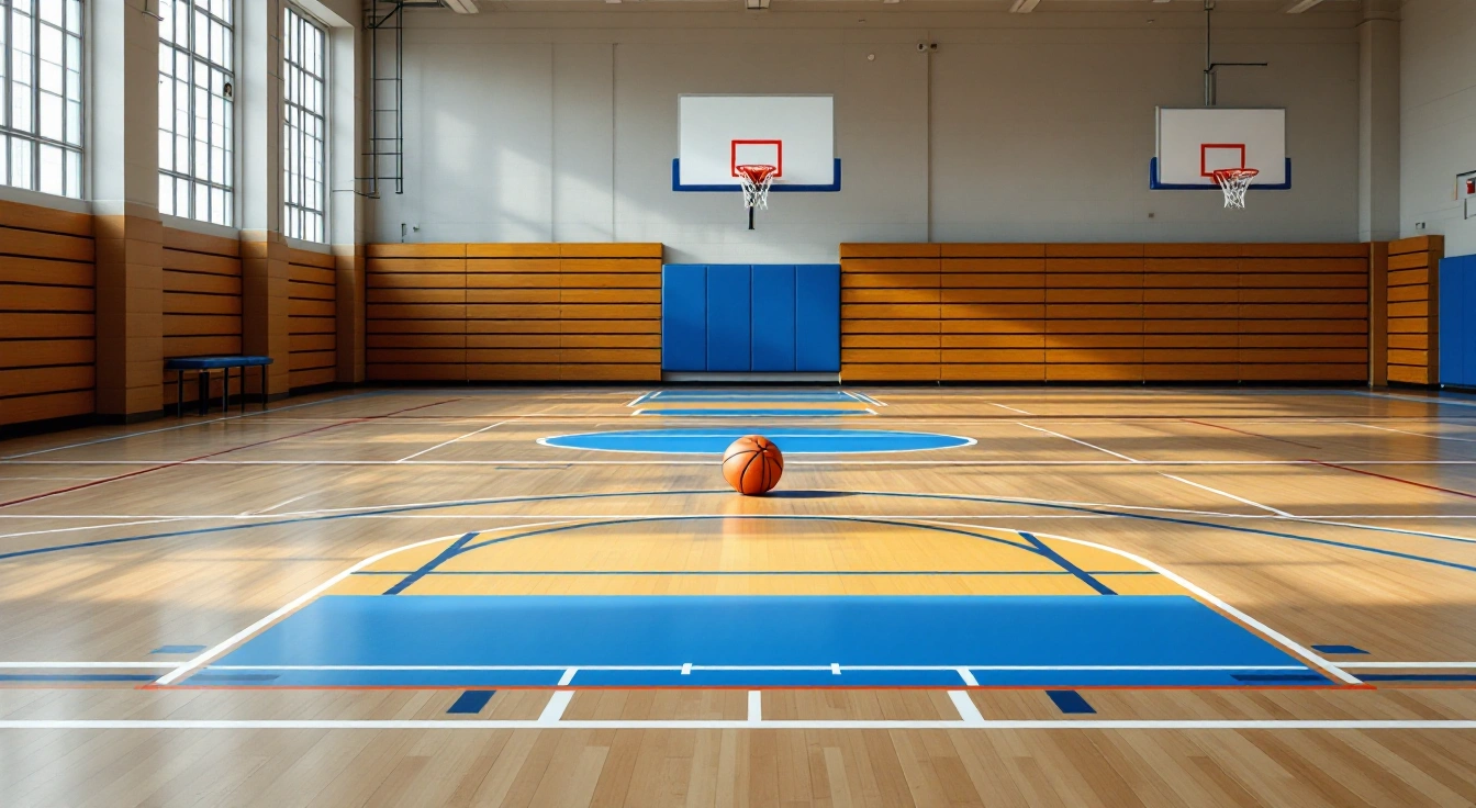 Basketball resting on an empty indoor practice court