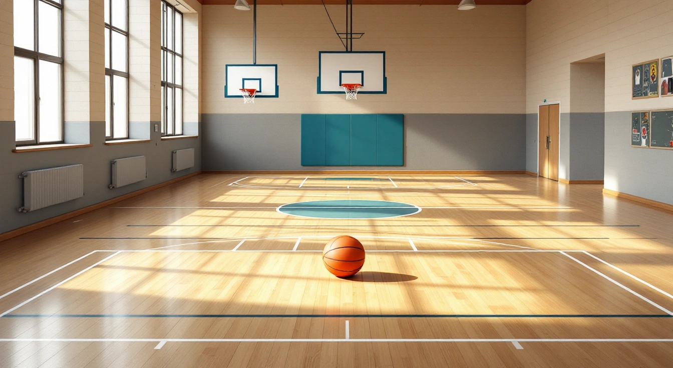 Basketball resting on an empty indoor practice court