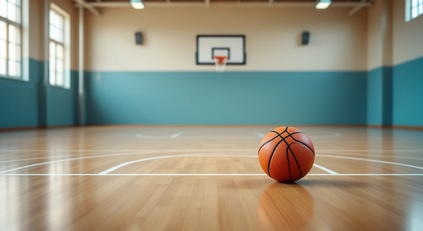 Basketball resting on an empty indoor practice court
