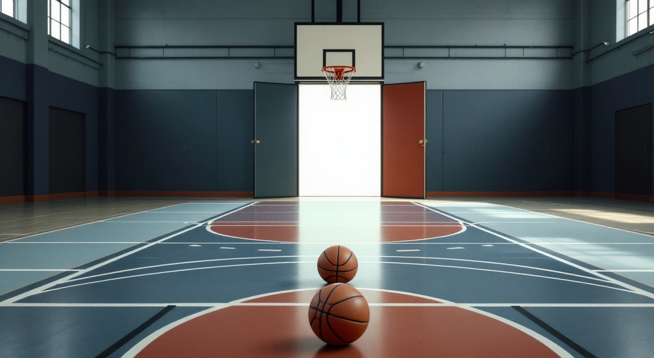 Basketball resting on an empty indoor practice court