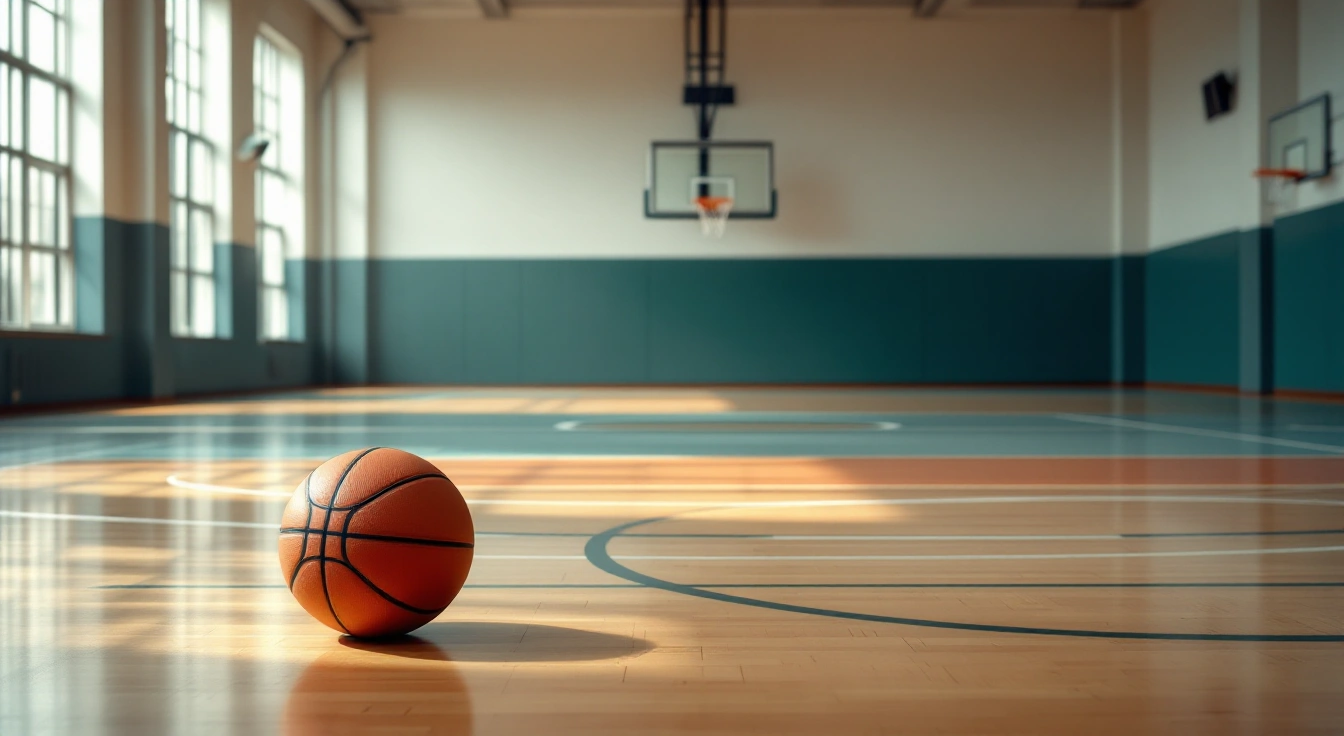 Basketball resting on an empty indoor practice court