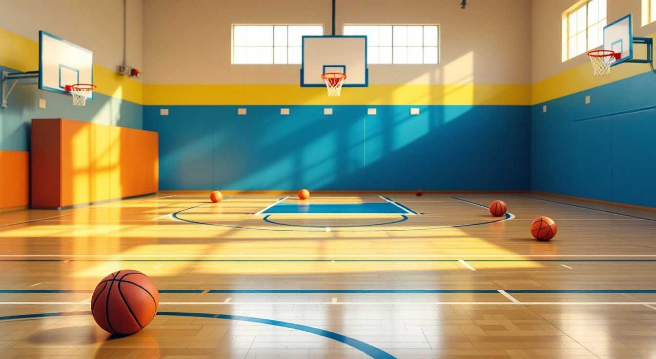 Basketball resting on an empty indoor practice court