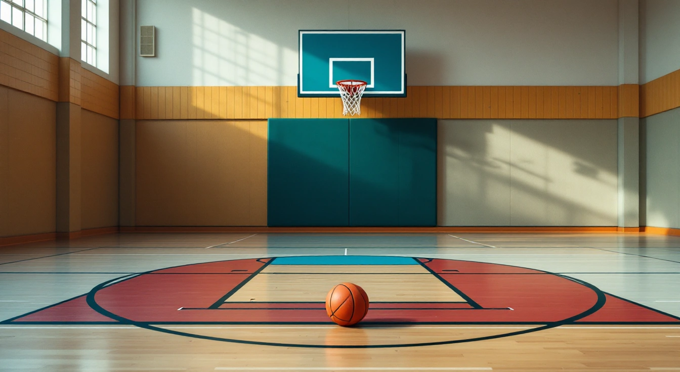 Basketball resting on an empty indoor practice court
