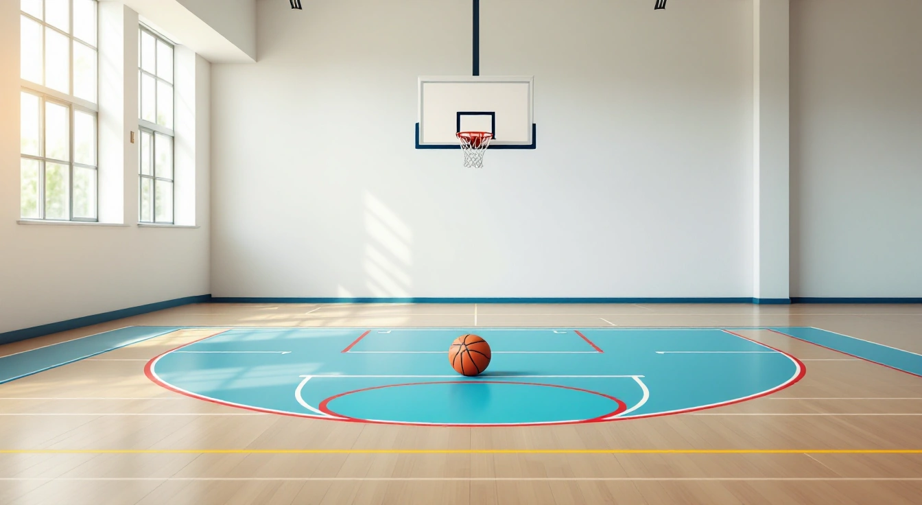 Basketball resting on an empty indoor practice court