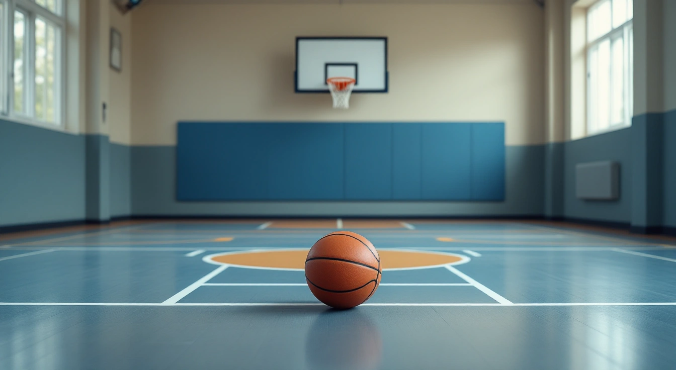 Basketball resting on an empty indoor practice court
