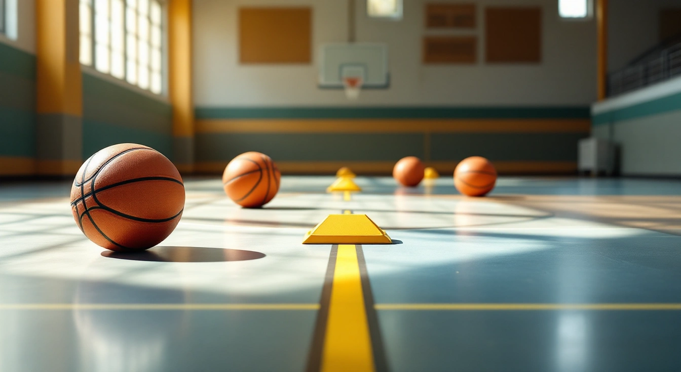 Basketballs and flat markers on an empty gym floor