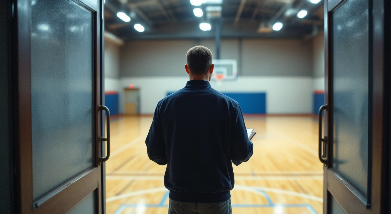 Adult holding a clipboard while looking across an empty basketball court